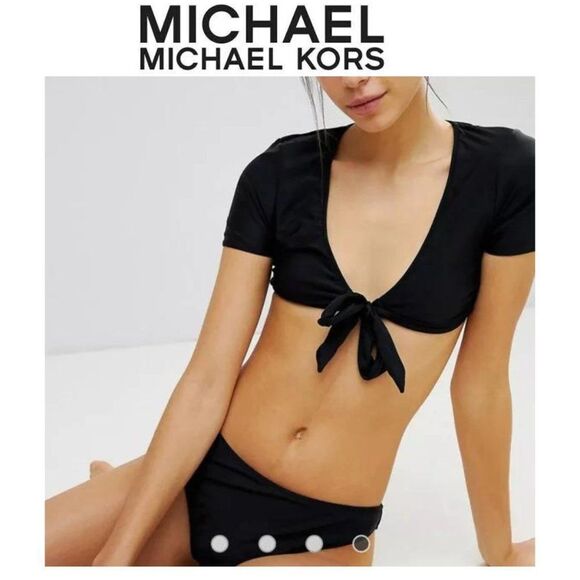 Michael Kors Black Tie Front Cap-Sleeve Bikini with Hipster bottoms size small - Picture 2 of 13